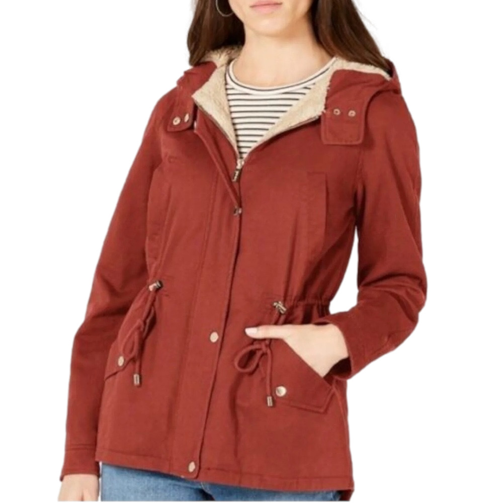 COLLECTION B Women’s medium Anorak hooded sherpa trim brick red jacket NWOT - Picture 2 of 13